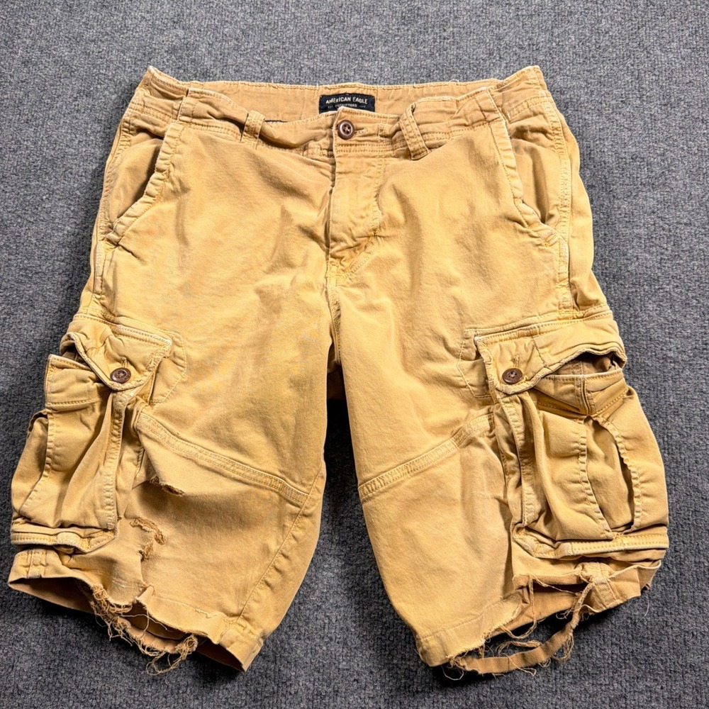 American Eagle Cargo Shorts Extreme Flex Mens 34 Tan Distressed Longer Length